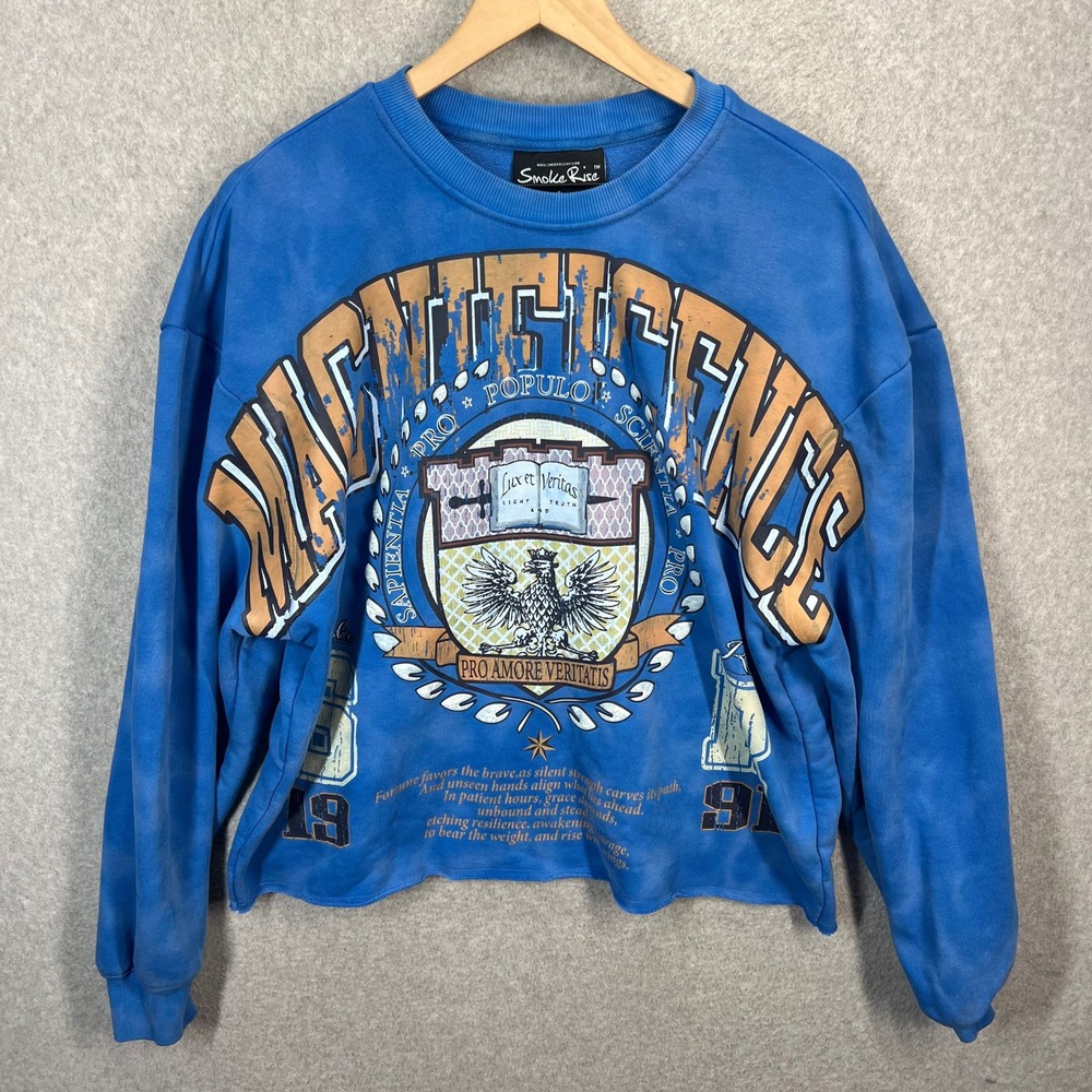 Smoke Rise Magnificent Sweatshirt Mens S Blue Graphic Collegiate Raw Hem EUC
